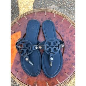 Tory Burch Miller Sandals Women Size Black Good Leather Logo Thong Flip Flops